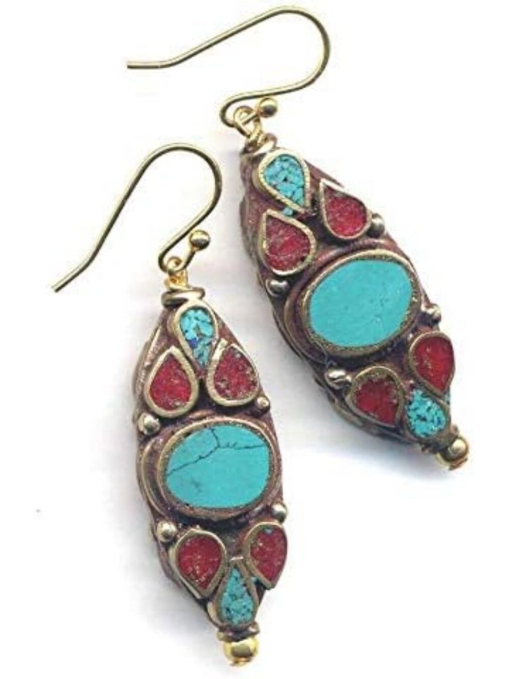 Boho Red Turquoise Tribal Earrings, 18K Gold Filled Nepal Style Jewelry